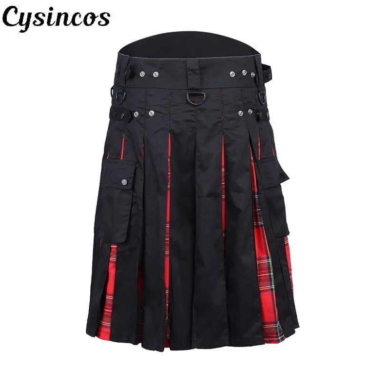 

CYSINCOS 2019 Men Waist Casual Skirt Pant Solid Plaid Punk Hip-hop Avant Garde Men Fashion Scotland Trousers Scottish Kilt