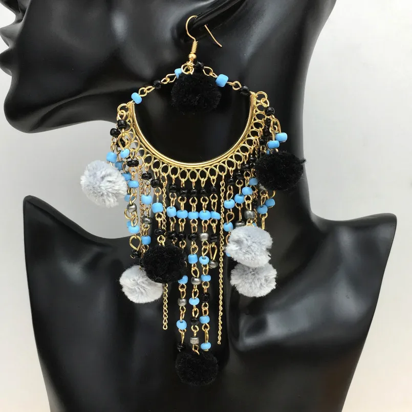 MANILAI Fashion Pom Pom Long Beaded Tassel Earrings Ethnic Jewelry Women Big Dangle Firenze Fringe Drop Earring Boho Pendientes