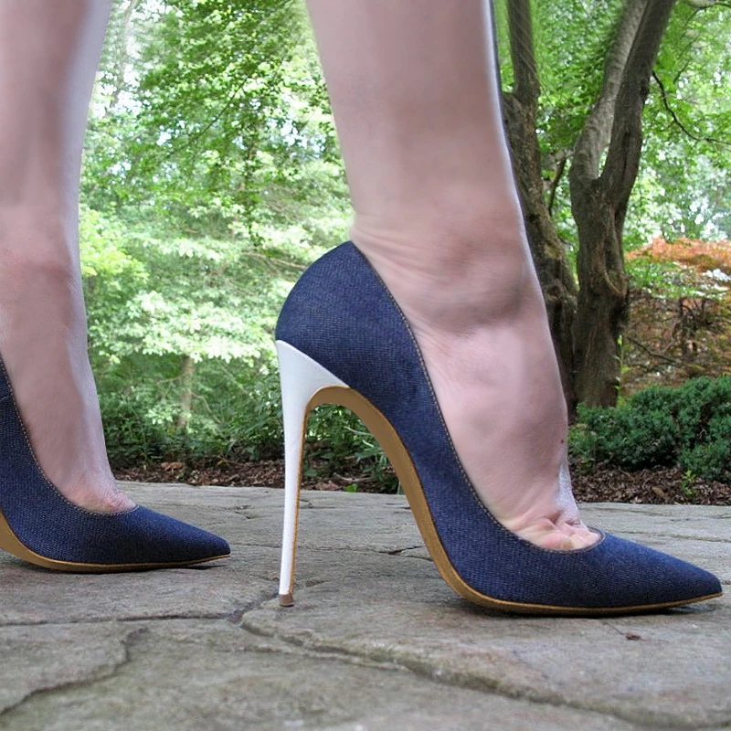 Moraima Snc 2019 Newest Denim Blue High Heel Shoes for Woman Sexy Pointed Toe Thin Heels Pumps 12CM heel Stiletto Heels