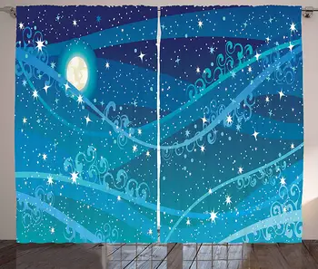 

Starry Night Curtains Night Sky with Full Moon Astronomy Theme Dots Stripes Swirls Pattern Living Room Bedroom Window Drapes