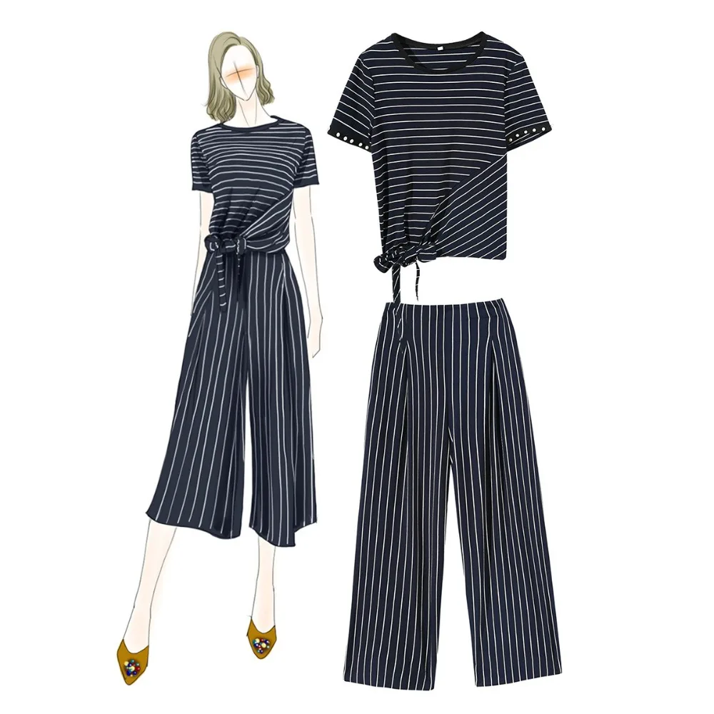

Fashion lady's elegant 2 pieces set stipe T shirts casual pants New 2019 summer comfortable short sleeve Leisure suit A239