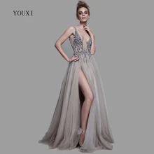 Sexy Deep V-Neck Side Split Long Evening Dress 2019 New Arrivals Backless Sparkly High Slit See Through Abendkleider Lang