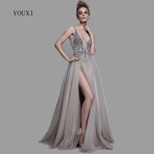 Robe de soirée longue Sexy, décolleté en v, fente latérale, dos nu, scintillante, fente haute, transparente, nouvelle collection, 2021