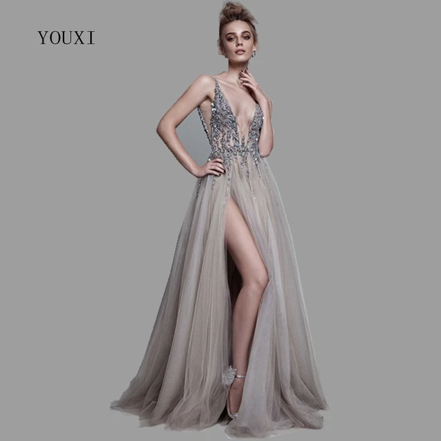 US $73.14 Sexy Deep V-Neck Side Split Long Evening Dress 2020 New Arrivals Backless Sparkly High Slit See Thr