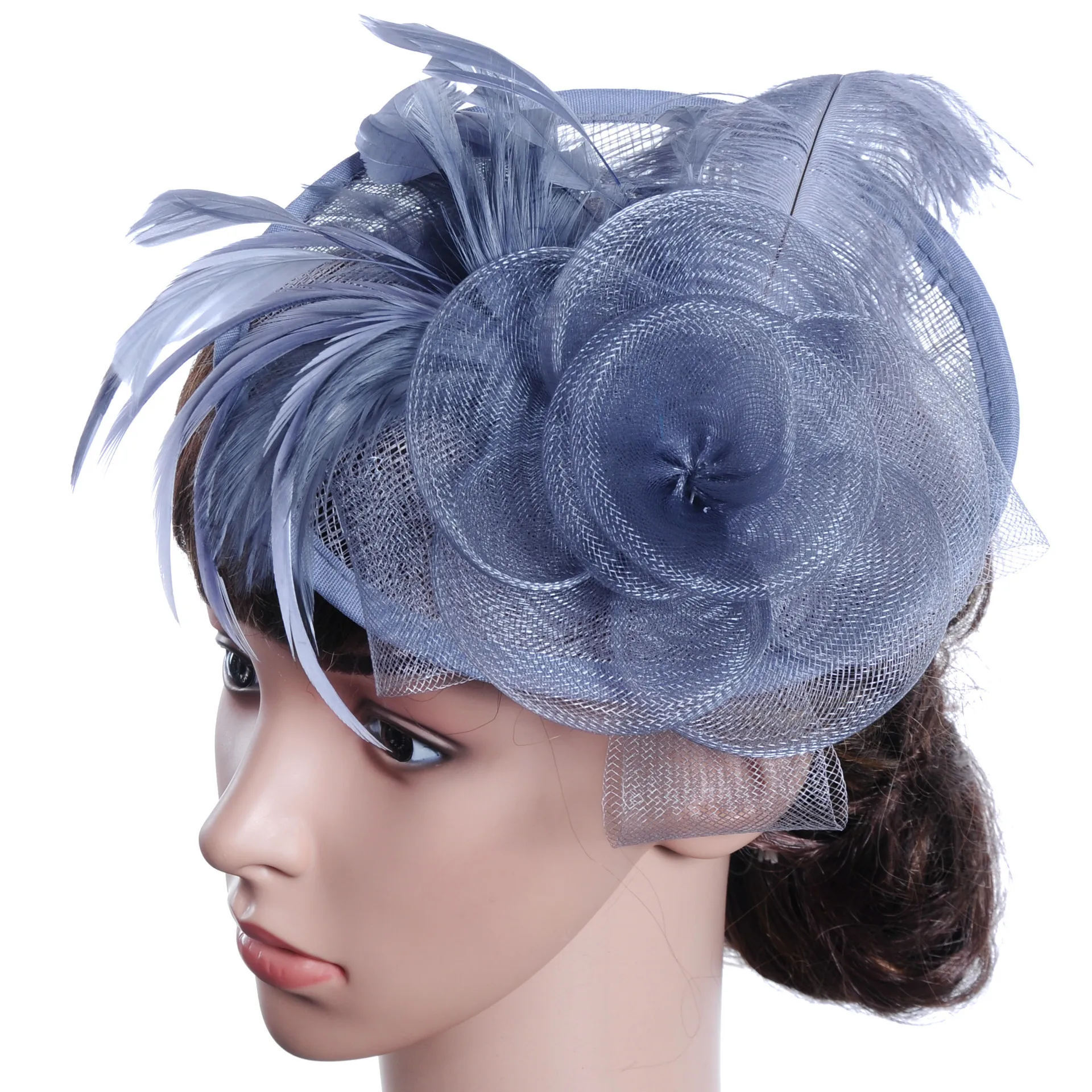 Banquet Party Fedoras Hat Women Ladies Day Royal Ascot Sinamay Fascinator Cap European American Bride Headdress Girls Hats H7108 - Color: Gray