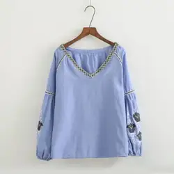 2017 для женщин Винтаж позиция Вышивка богемный блузки для малышек рубашка бренд с длинным рукавом v образным вырезом Лен повседневное