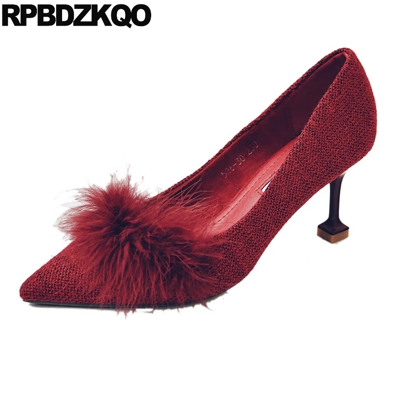 

Fur High Heels Party Shoes Red Pointed Toe 2017 Thin Prom Size 4 34 Ladies Medium Feather Pumps Fashion Autumn Chinese China
