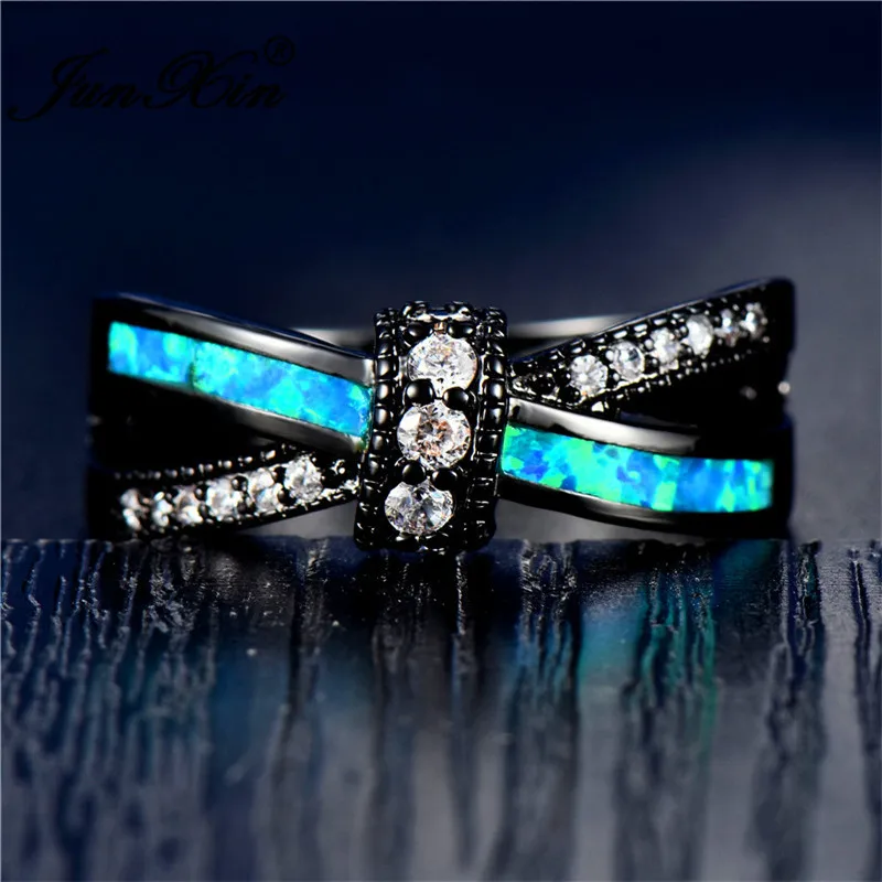 JUNXIN Wholesale Rainbow Fire Opal Rings For Women Men Black Gold Filled Green Blue White Opals Red Purple Zircon Crossed Ring