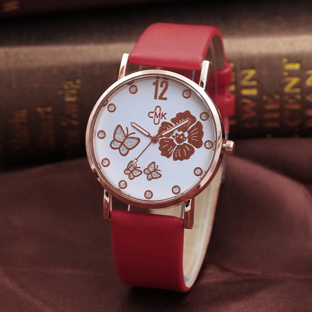 Модные Женские часы с кожаным ремешком, Кварцевые аналоговые наручные часы с бабочкой и цветком, Женские часы Reloj de dama Wd3