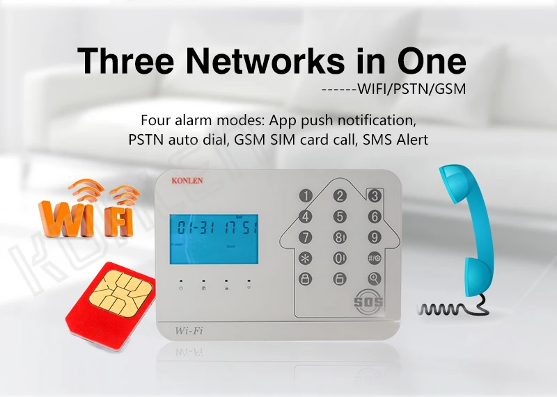 Konlen wifi GSM PSTN умная домашняя система охранной сигнализации для дома безопасный беспроводной детектор проводка сенсор комплект Alarme камера поддерживается