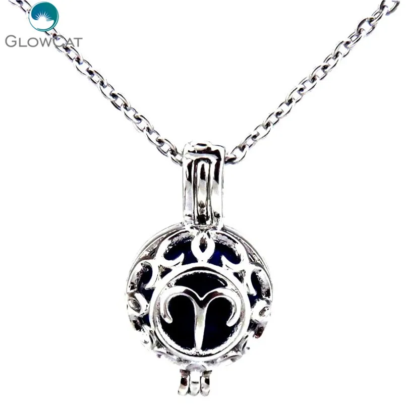 

K431 Copper Horoscope Pearl Beads Cage Necklace -- Aries Symbol Aroma Essential Oil Diffuser Locket