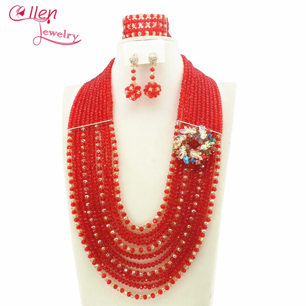 

Red African nigerian Wedding bridal beads Jewelry Set African style Crystal beaded necklace women Jewelry Set W6414