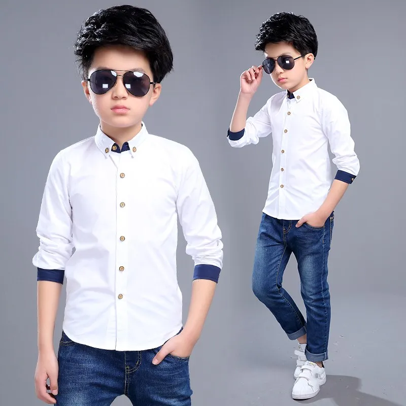 Рубашки для маленьких мальчиков новая осенняя хлопковая Детская рубашка с круглым вырезом костюм для мальчиков повседневная детская одежда с длинными рукавами 7bs002 - Цвет: Белый