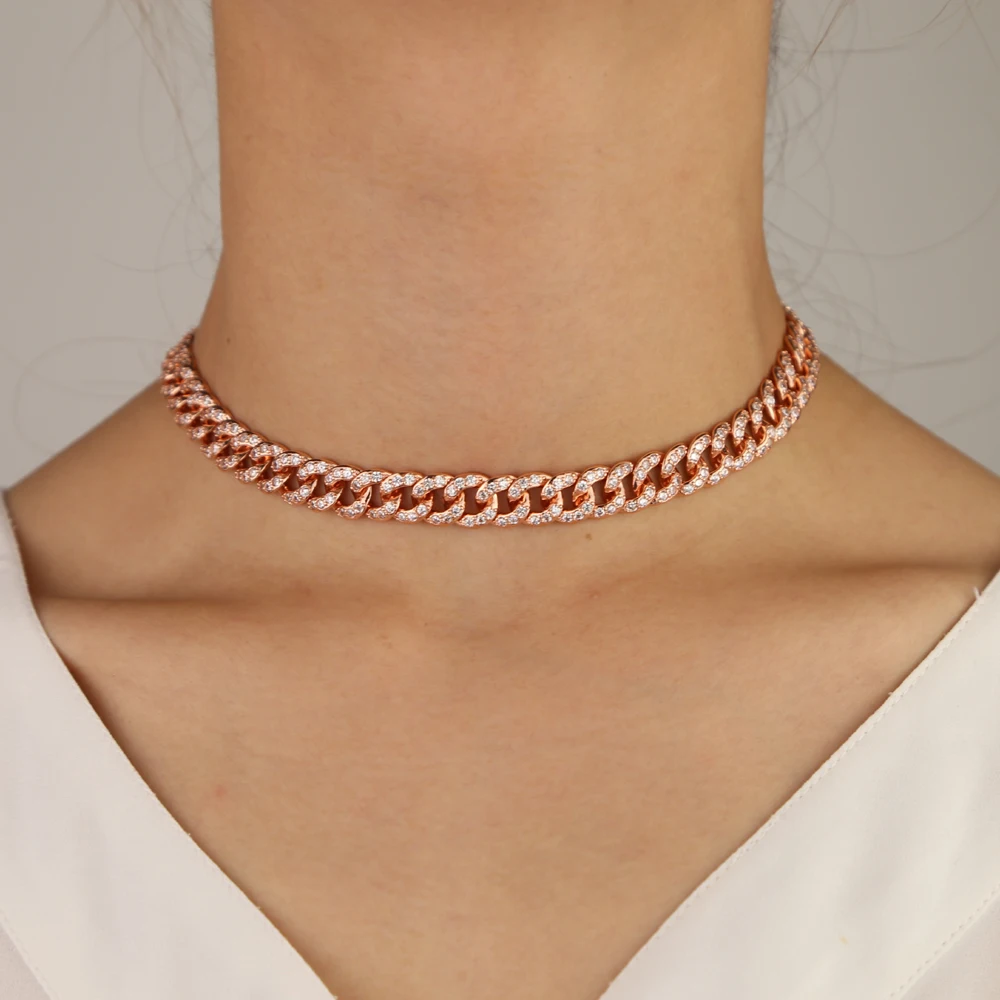 

New arrived 38cm rose gold color full cz miami cuban link chain sparking bling women hip hop bling choker chain wedding necklace