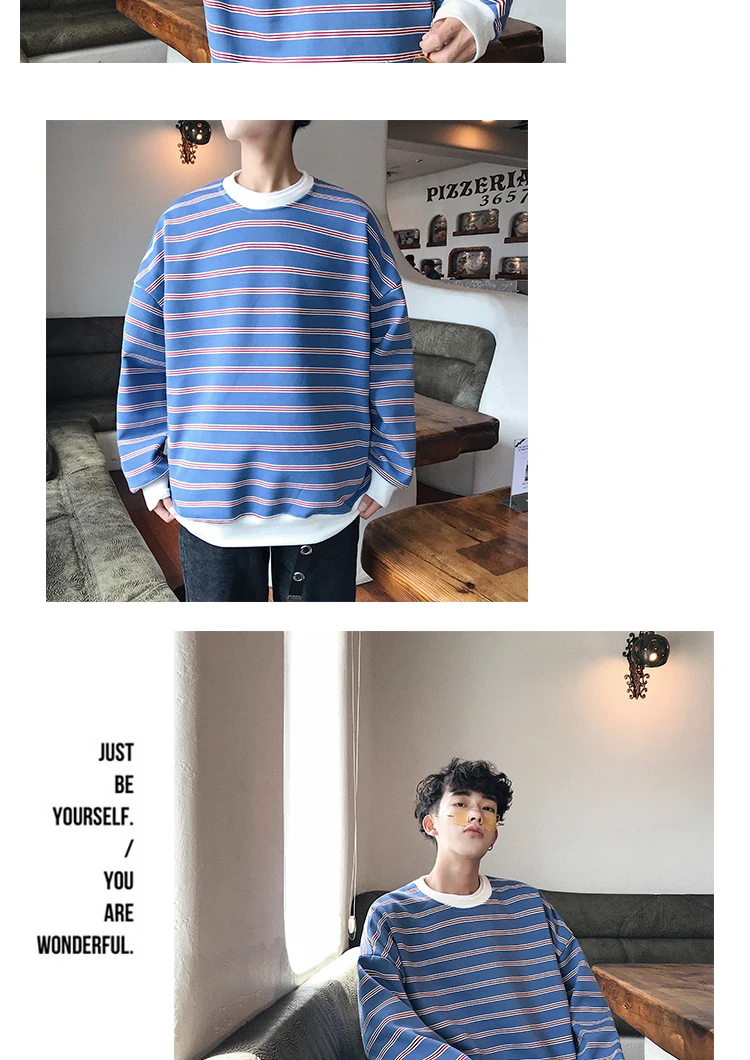 Разборчивые полосатые толстовки в стиле Харадзюку, мужские толстовки в Корейском стиле, пара уличных синих пуловеров, толстовки, свободная одежда
