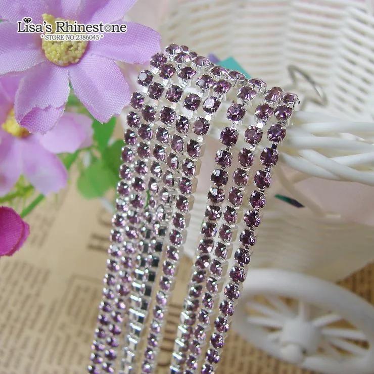 

1m Close Silver Base Light Purple Crystal Glass SS6 SS12 Sew On Rhinestone Chain For DIY Beauty Accessory