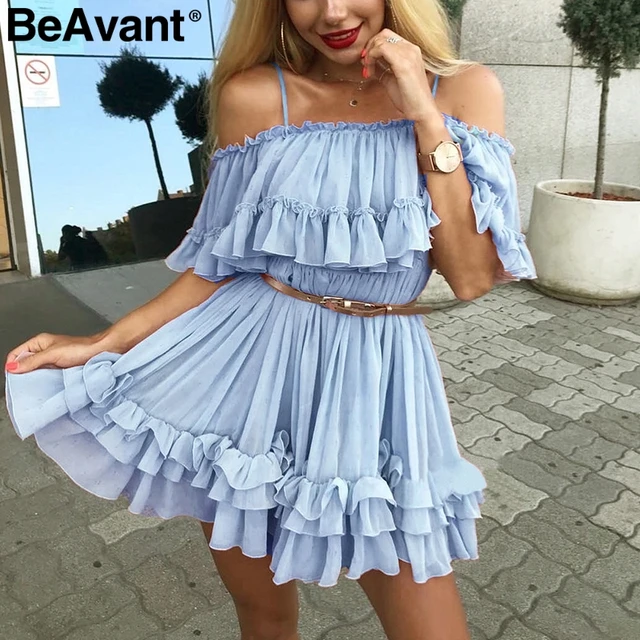 BeAvant Off shoulder strap chiffon summer dresses Women ruffle pleated