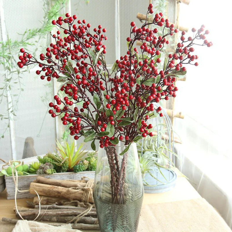 Ramo de flores secas artificiales conciso para fiesta de Boda nupcial Decoración de mesa Rama de frijol rojo flor falsa decoración para el hogar