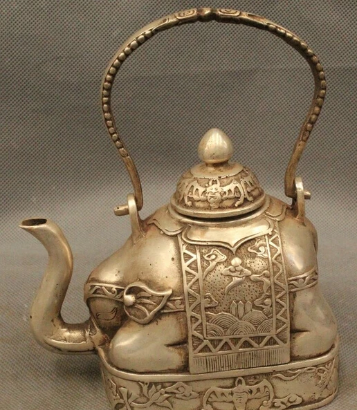 

7" Marked Old Chinese China Folk Silver Elephant Portable Wine Tea Pot Flagon R0715