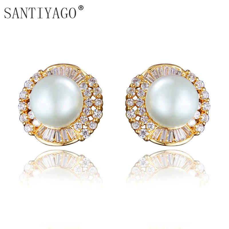 Wedding Earring Gold color Zircon Stud Brincos Simulated Pearl For Women Earrings | Украшения и аксессуары