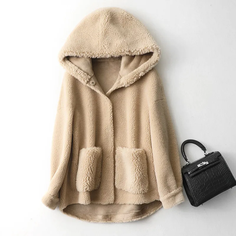 AYUNSUE, шуба из настоящей овчины, Женская куртка, Осень-зима, Женская куртка с капюшоном, шерстяное пальто, Chaqueta Mujer MY3519 - Цвет: creamy camel