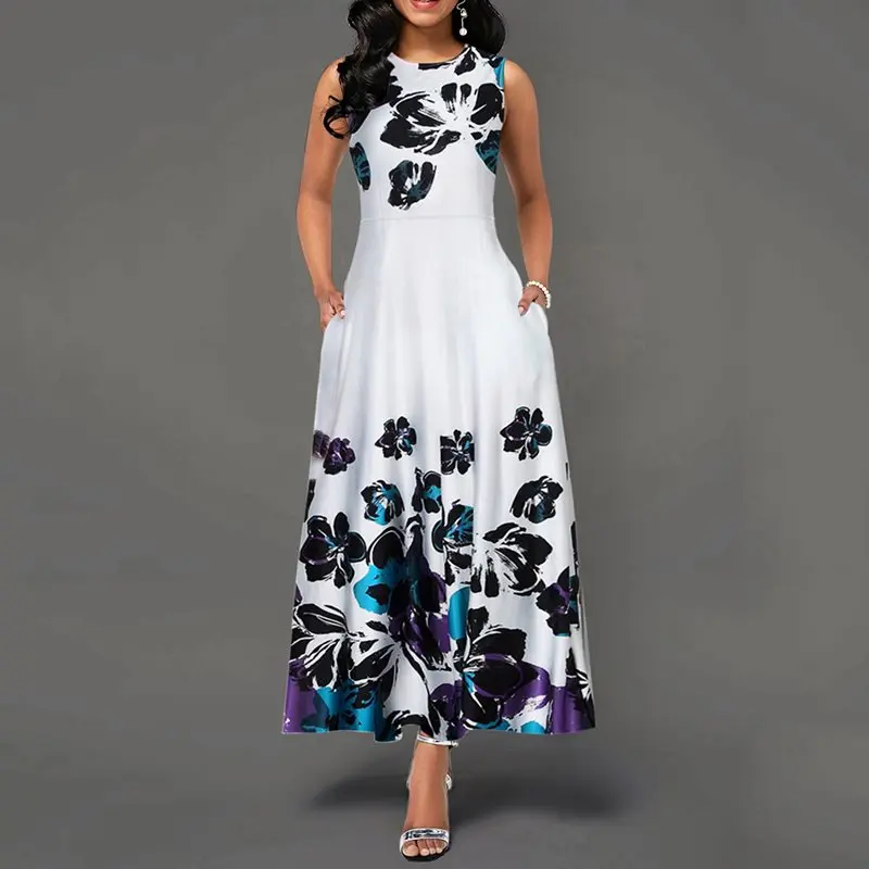 

Sweet Plus Size Party White African Fashion Elegant Summer Women Long Dresses Casual Chic Floral Print 2019 Female Retro Dress