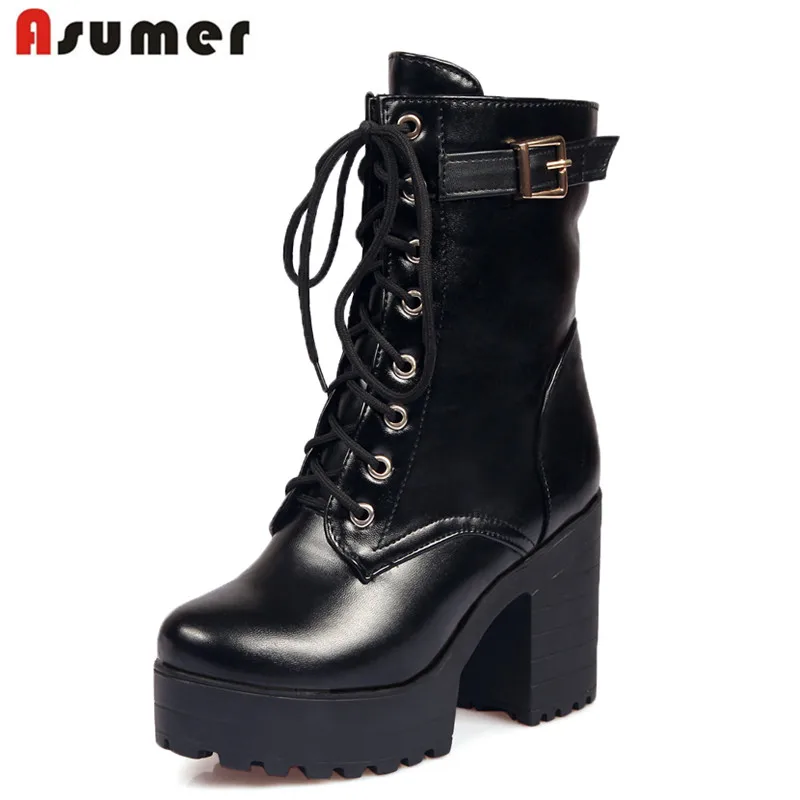 

ASUMER Plus size 34-45 thick High heels platform ankle boots 2018 new women boots fashion lace up autumn riding combat boots