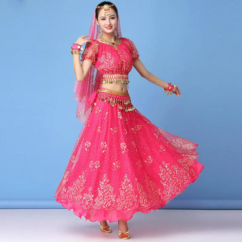 Женская танцевальная одежда сари производительность индийская одежда Болливуд набор костюма для танца живота(топ+ пояс+ юбка+ вуаль+ головной убор - Цвет: Fuchsia short sleeve