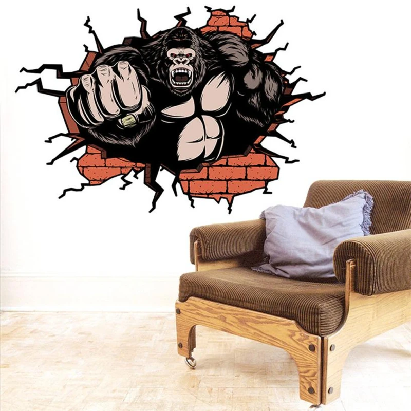 2018 New Creative  3D Wall Broken Orangutan Background Wall Decoration Non-toxic Removable Wall Sticker C0331#30                06