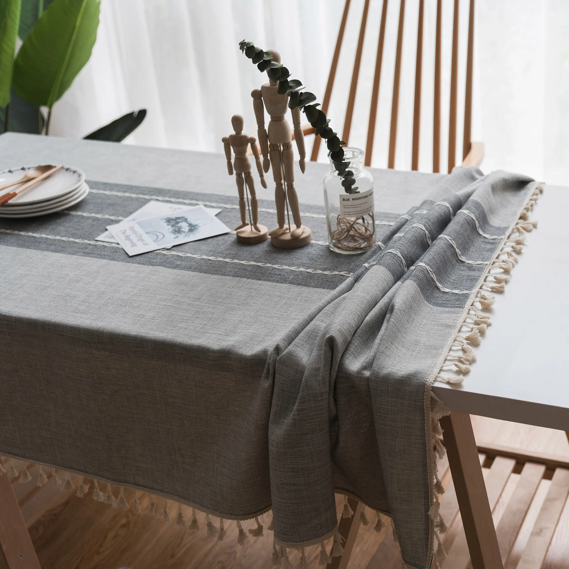 European tablecloth embroidery, grey tassel, table cloth, cotton linen, rectangular tablecloth, tea tablecloth