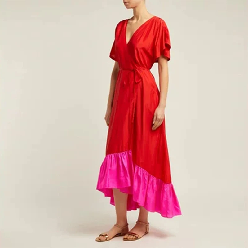 

Fashion Newest Stylish 2019 Summer Runway Designer Dress Women's Short Sleeve Color Block Wrap Dovetail Dress