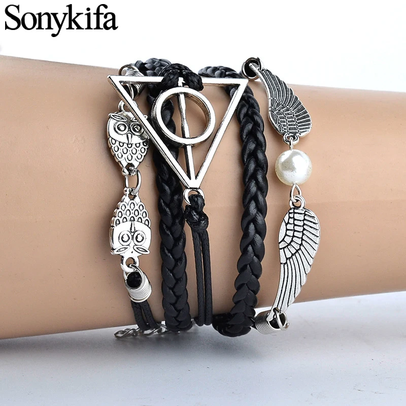 

Sonykifa Vintage Leather Rope Harri Pot Deathly Hallows Bracelets Hand Weave Multilayer Bracelets for Movie Fans Jewelry Gift