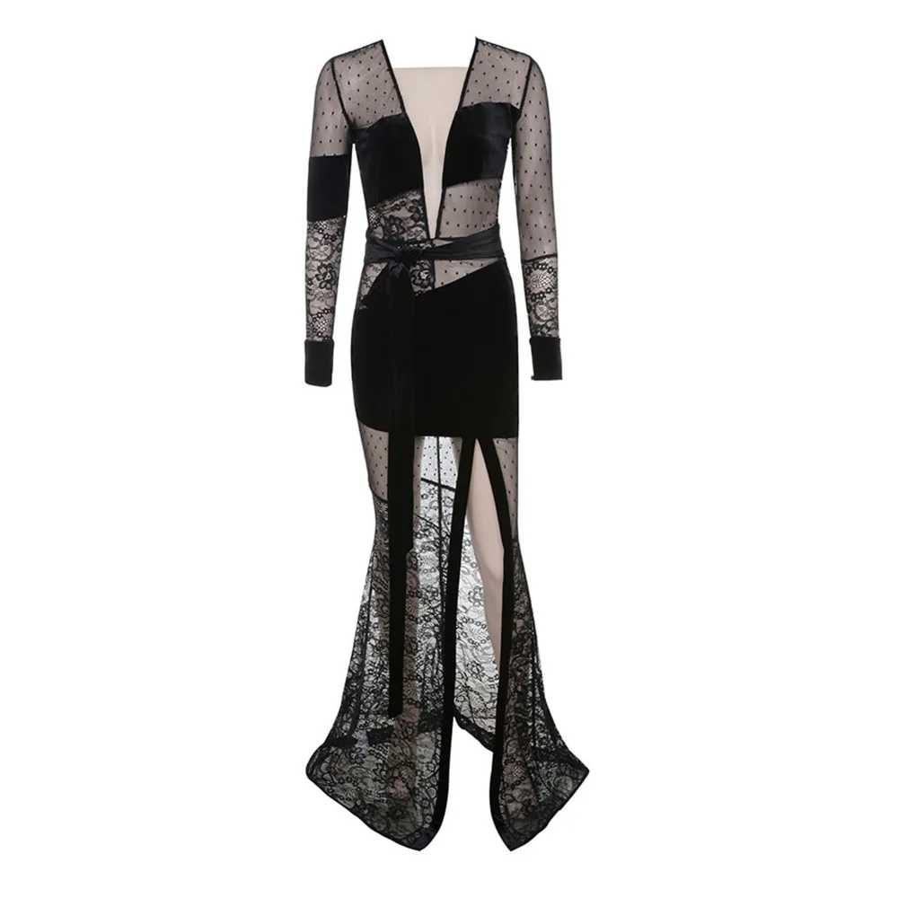 Top Quality Black Long Lace Sleeve Patchwork Open Fork Rayon Long Bandage Dress Elegant Evening Party Dress Top Quality Black Long Lace Sleeve Patchwork Open Fork Rayon Long Bandage Dress Elegant Evening Party Dress