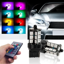 Okeen 2 pçs rgb t20 7440 lâmpada led com controle remoto turn signal bulbo 27smd 5050 farol do carro luz de freio reverso lâmpadas 12v led