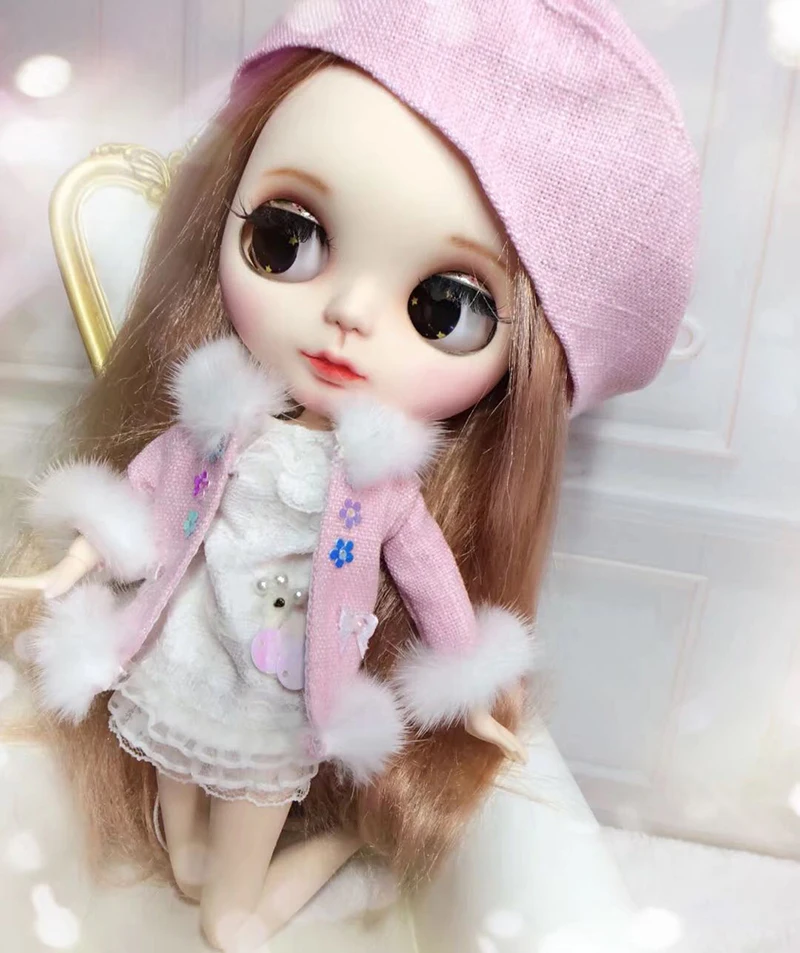 

3PCS/set Blyth Dolls Winter Coat Set Pink Princess Fur Coat+white lace dress +Beret Hat for blyth 1/6 dolls accessories