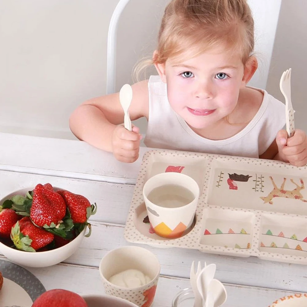 

5Pc/Set Dinnerware Feeding Bowls Children Tableware Sets Baby Cartoon Spoon Plates Animal Non Toxic Fork Cup Dishes Bamboo Fiber