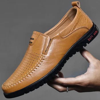

Summer Men Dress Shoes Business Formal Genuine Leather Men Loafers Slip On Soft Driving Shoes Hollow Out Men Footwear Big Size