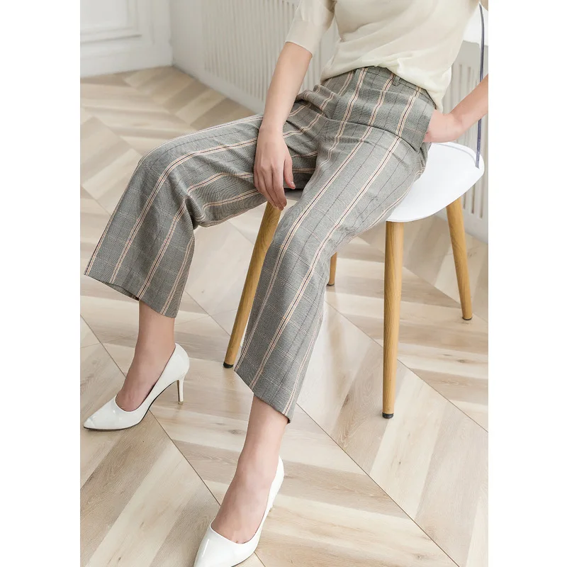 

PIXY Grey Plaid Pants Women Straight Ankle-Length Pants Nine Cargo Trousers Womens Bottoms Office Ladies pantalon Korean broeken