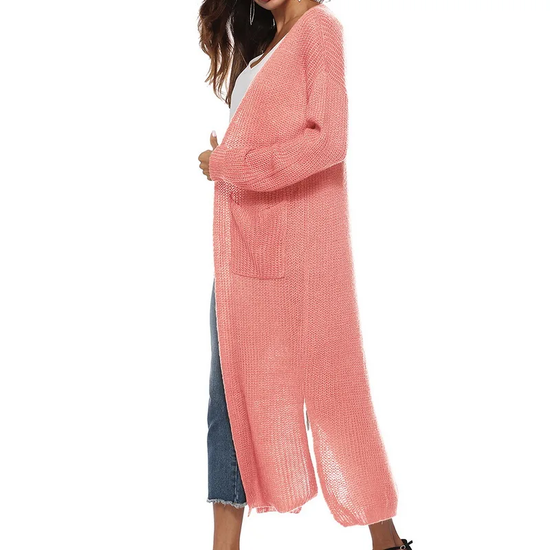 MoneRffi длинный кардиган для женщин осень 2018 Мода длинный вязаный свитеры для Женский Oversize Топ повседневное черное пальт