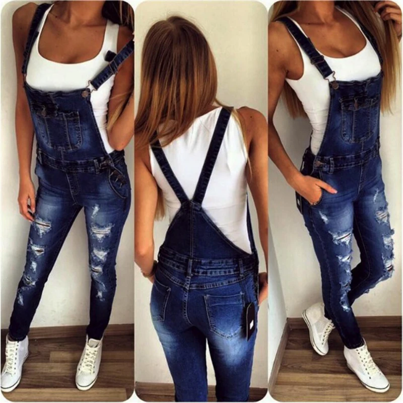 stylish overall stretch Jeans Women High Waist Skinny Pencil Blue Denim Pants ripped hole fashion Jeans student girlfriend