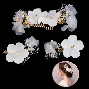 

White Lace Flower Rhinestone Bride Hair Comb Jewellery Headpiece Tiaras de Noiva Bride Hair Jewelry Women Wedding Accessories SL