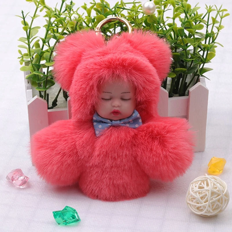 

Fashion Sleeping Baby Toy Key Chain Ring Woman Faux Rex Rabbit Fur Pompom Bag Charms Pom Pom Doll Keychain Party Gift Trinket