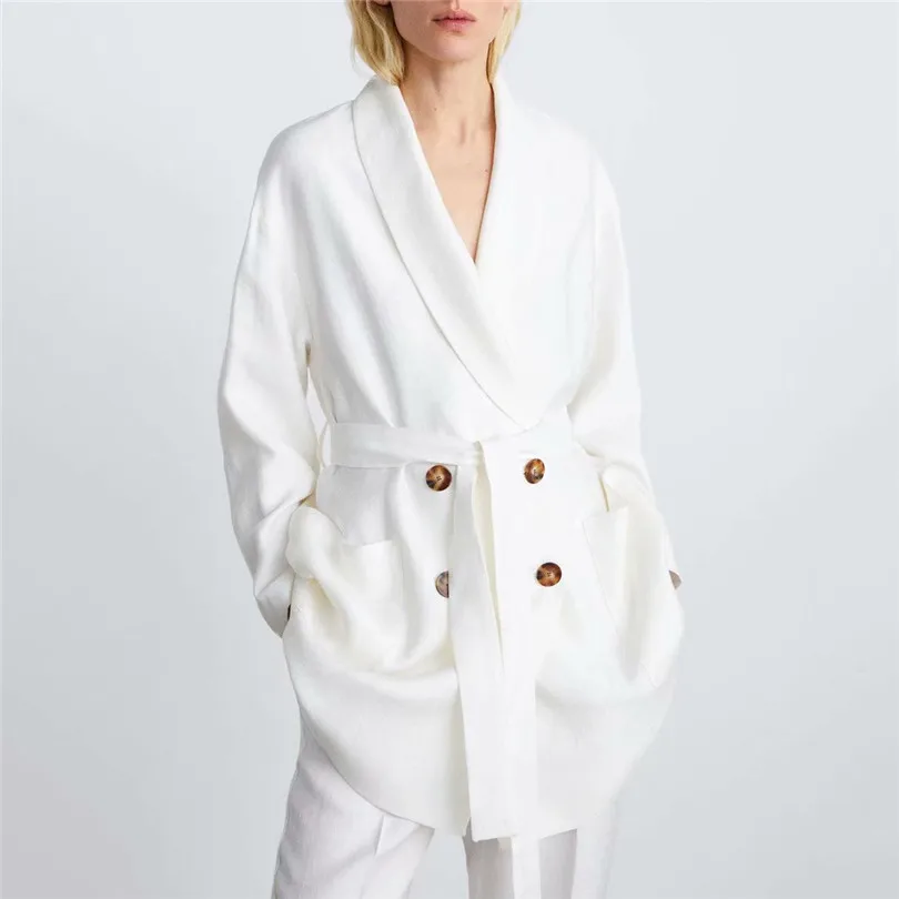 

New 2019 Women Long Style White Blazer Pockets Sashes Double Breasted Long Sleeve Coats Office Wear Stylish Outerwear Tops