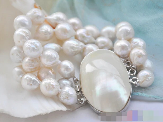 

01307 3row 8" white almost round keshi reborn Edison pearl bracelet