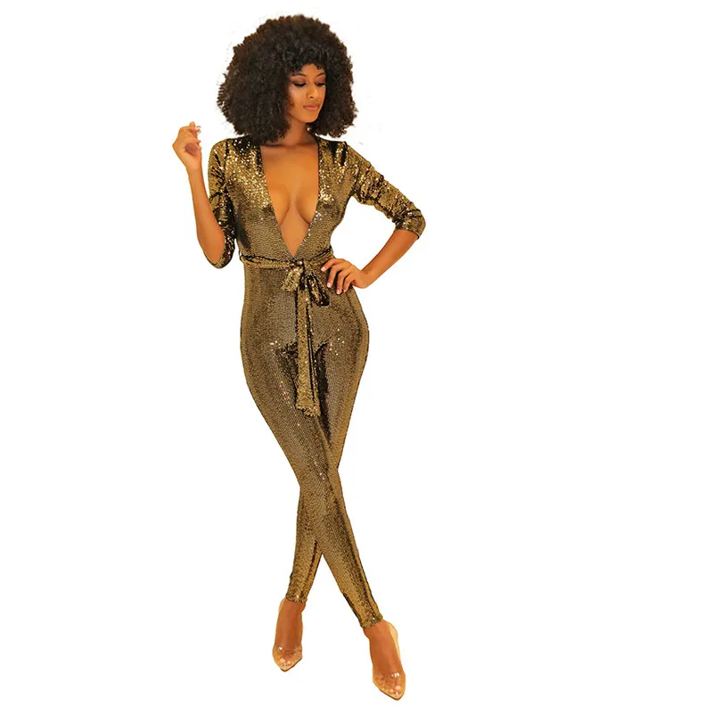 Echoine Sexy Jumpsuits Women Bandage Slim Long Sleeve V-Neck Bright Bronzing Fabric Night Club Long Pencil Pants Womens Rompers Echoine Sexy Jumpsuits Women Bandage Slim Long Sleeve V-Neck Bright Bronzing Fabric Night Club Long Pencil Pants Womens Rompers