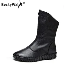 BeckyWalk/зимние женские ботинки больших размеров 41, 42, 43 зимние ботинки до середины икры на плоской подошве с молнией спереди женская обувь из натуральной кожи WSH3072