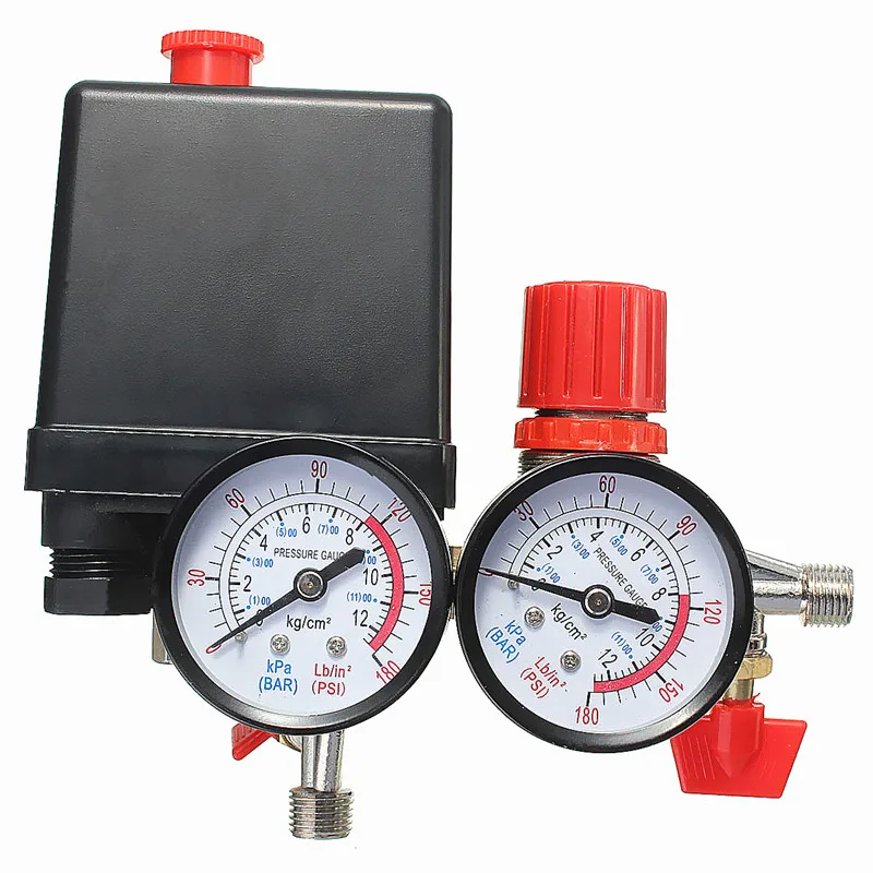 

New Arrival Air Compressor Pressure Valve Switch Manifold Relief Regulator Gauges 180PSI 240V 45x75x80mm Popular