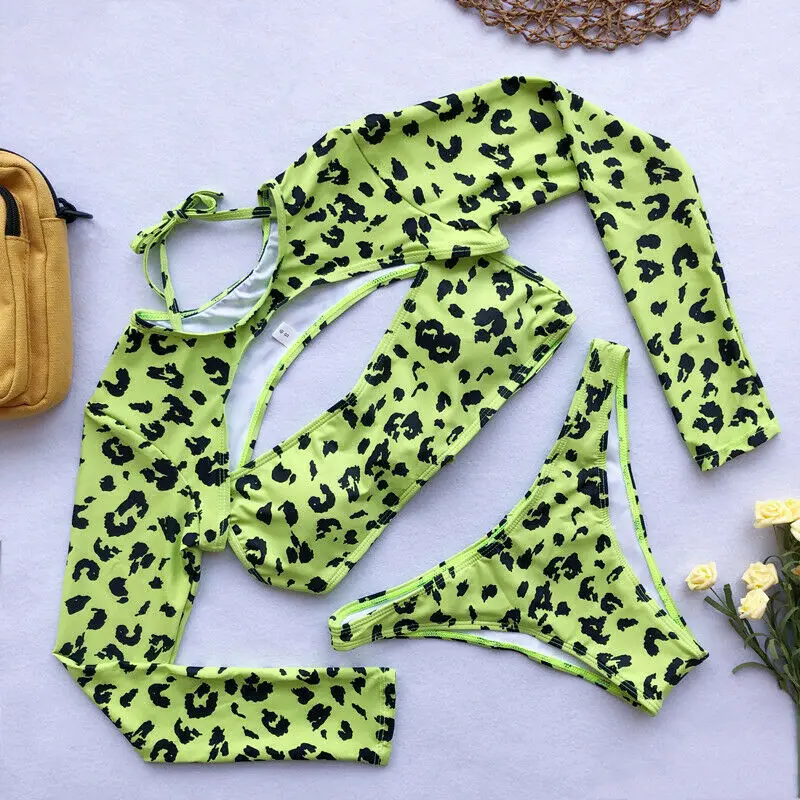 2019 Long sleeve Neon Green Leopard bikini women swimsuit bikini set sexy swimwear female Brazilian bathing suit swim beach wear 2019 Long sleeve Neon Green Leopard bikini women swimsuit bikini set sexy swimwear female Brazilian bathing suit swim beach wear