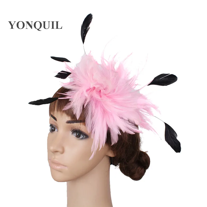 Высококачественные винтажные черные перьевые чародейные шляпы, очень красивые свадебные аксессуары для волос, дамские Коктейльные шляпы Дерби Кентукки FS04 - Цвет: Розовый