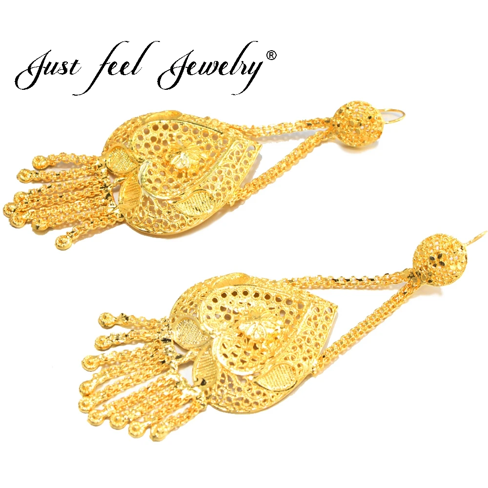 

JUST FEEL New Dubai Gold Color Plus Big Size Heart Wedding Tassel Earring for Ethiopian/Arab/Inidan/Nigerian Women Party Jewelry